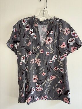 LOFT Gray Floral Short-Sleeve Top with Pink & White Blooms